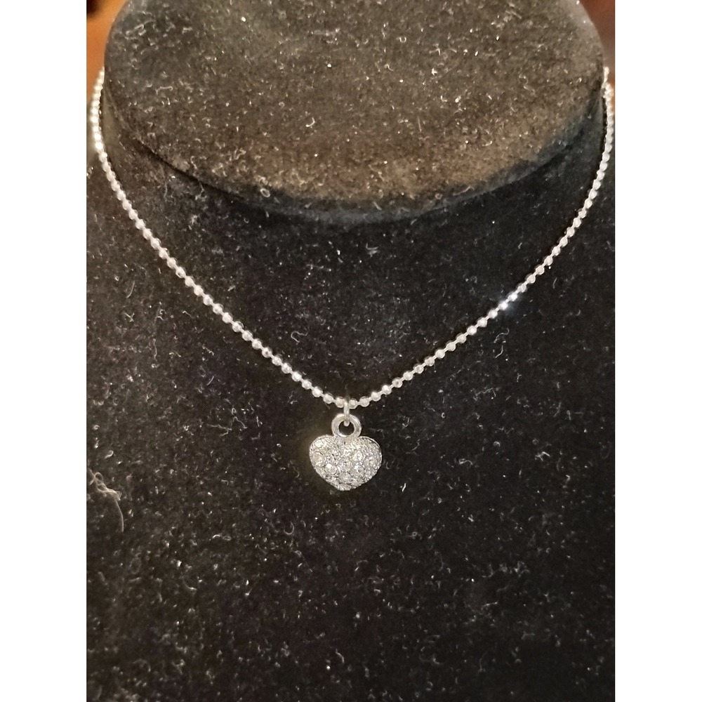 Silver Tone Rhinestone Heart Pendant Necklace Ball Chain‎ Adjustable 10 Inch
